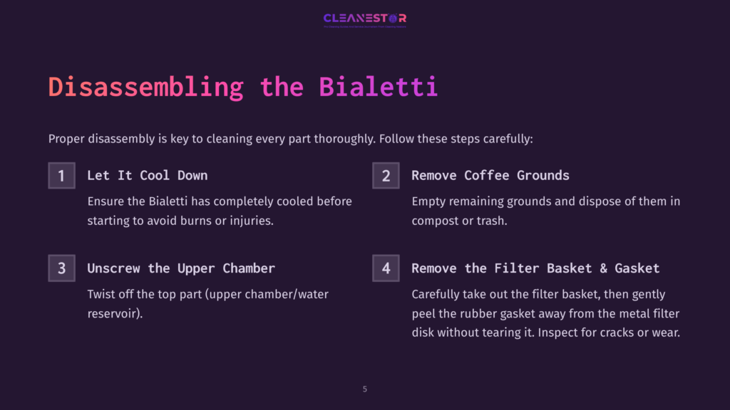Instructions On Disassembling A Bialetti Coffee Maker, With Numbered Steps In White Text On A Purple Background.