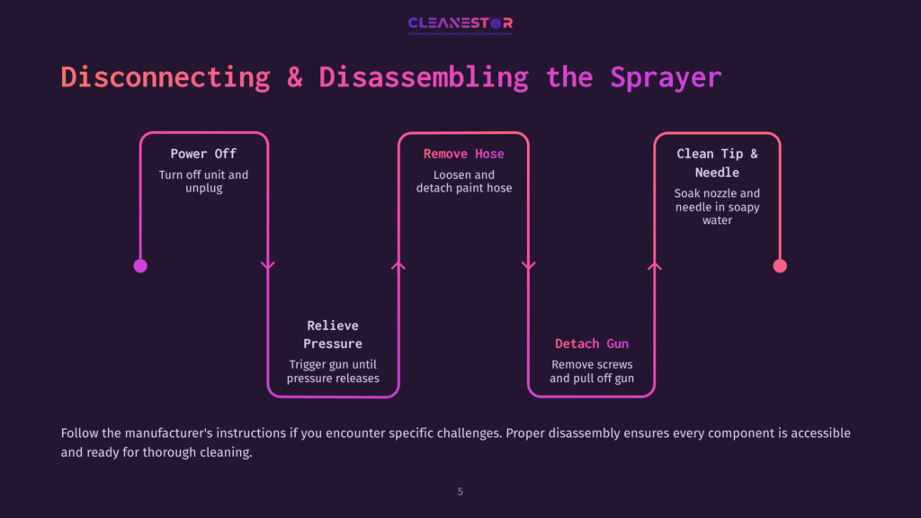 Flowchart With Dark Background Outlines Steps For Cleaning An Airless Sprayer: Power Off, Relieve Pressure, Remove Hose, Detach Gun, And Clean Tip.