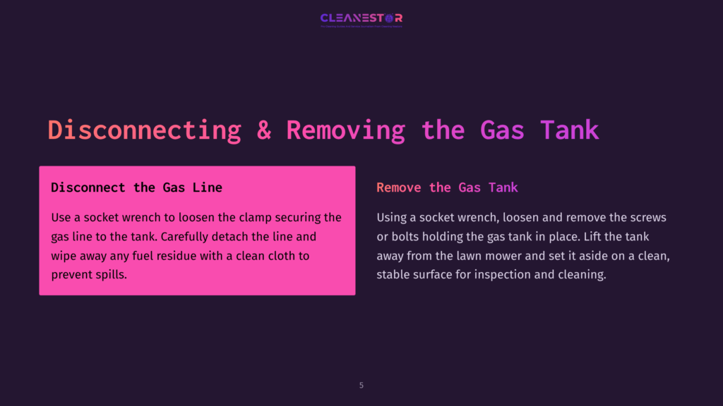 A Vibrant Purple Slide With Bold White Text Instructions For Disconnecting A Gas Line And Removing A Gas Tank, Featuring A Pink Highlighted Box.