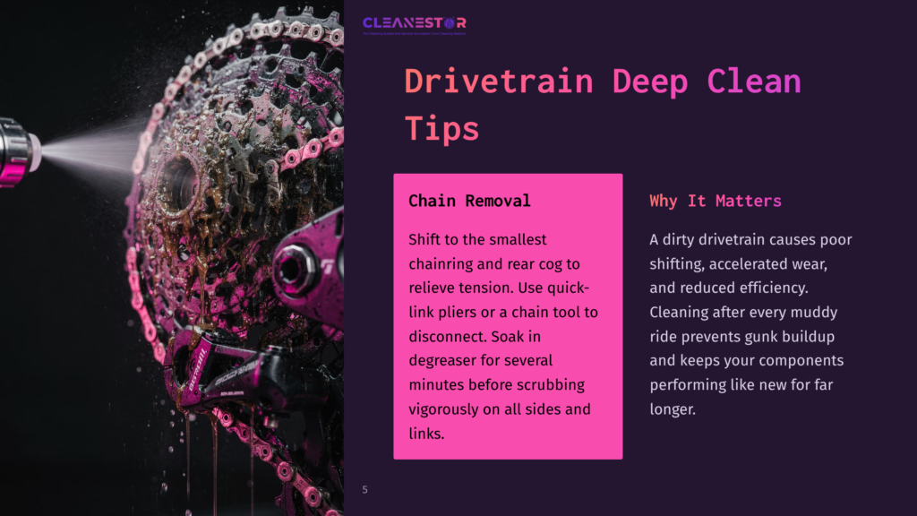 A Close-Up Of A Bicycle Chain Being Cleaned With A Pink Spray Nozzle, Showcasing A Grimy Chain Against A Dark Background.