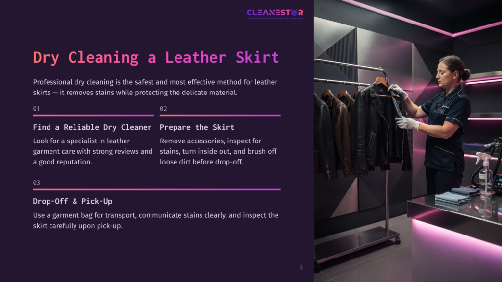 A Dark, Modern Cleaning Facility Interior With Leather Skirts And Jackets Neatly Hung On Racks, Featuring Step-By-Step Cleaning Instructions.