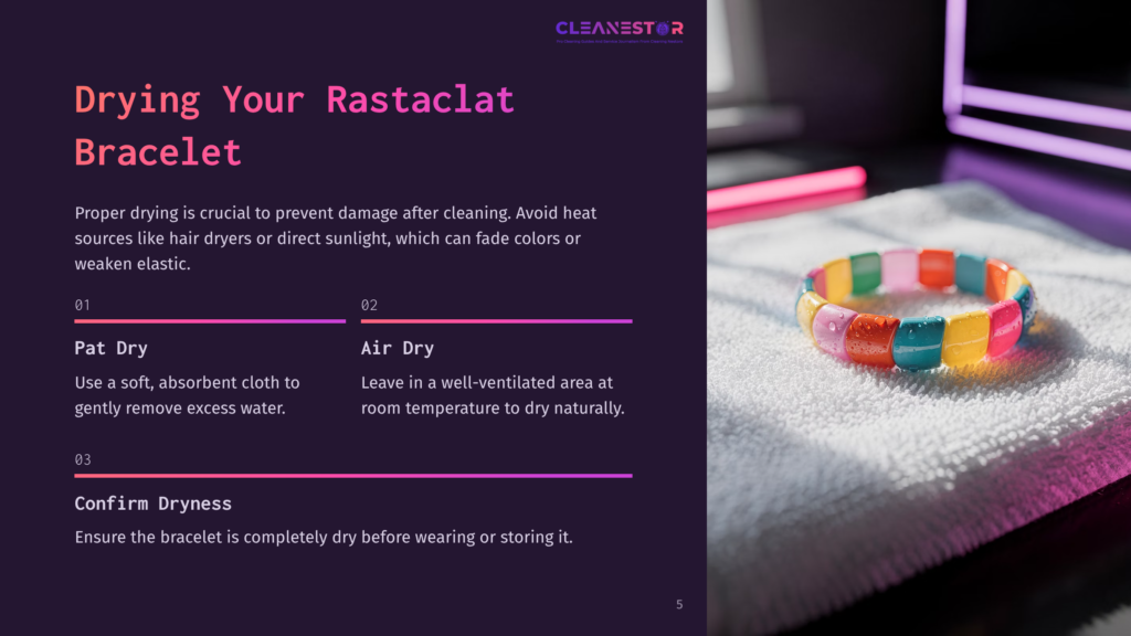 A Colorful Rastaclat Bracelet Rests On A White Towel, Next To Step-By-Step Drying Instructions In A Dark Layout With Purple Accents.