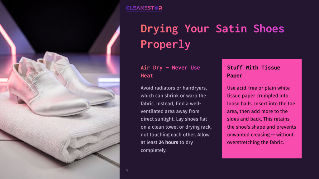 Two White Satin Shoes Are Neatly Arranged On A White Towel, With The Text &Quot;Cleanestor Drying Your Satin Shoes Properly&Quot; Visible On A Purple Background. The Image Emphasizes Proper Drying Techniques.