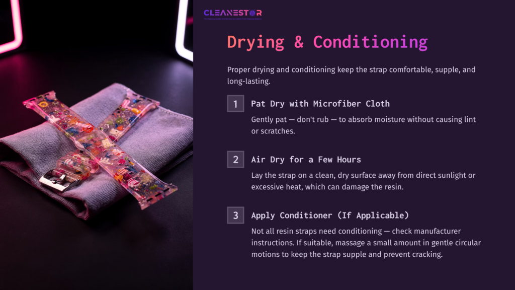 5 Drying And Conditioning A Colorful Resin Watch Strap Resting On A Soft Microfiber Cloth, With Numbered Cleaning Steps Outlined Beside It, Set Against A Dark Background.