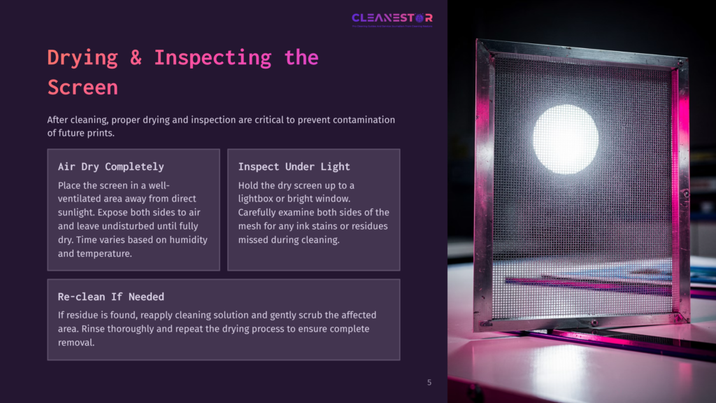 A Lighted Screen Printing Screen With A Circular Shape, Displaying Pink Tones And A Clean Layout, Highlighting Cleaning Instructions.