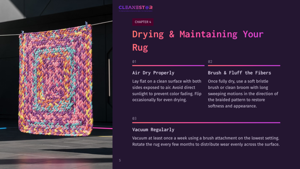 A Colorful, Braided Rug Hangs Vertically, Showcasing Vibrant Pink, Purple, And Blue Patterns Against A Dark Background.