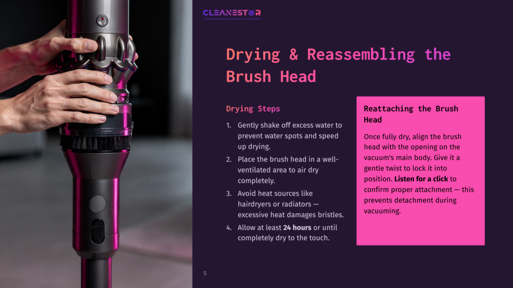 A Dyson V11 Brush Head With A Purple And Silver Color Scheme, Featuring Instructions For Drying And Reassembling, Alongside Numbered Steps.