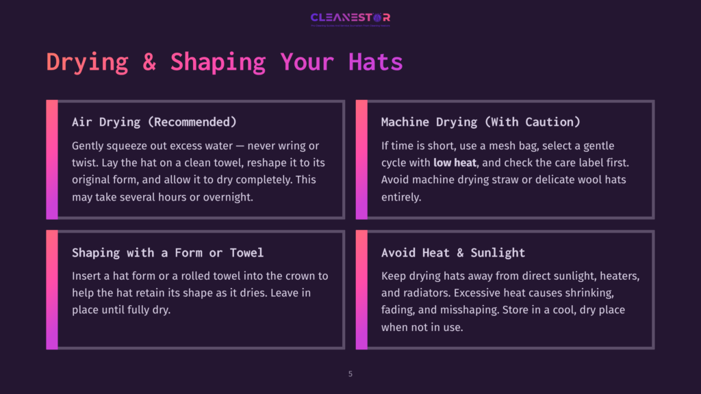 Infographic With Text About Drying And Shaping Hats. Sections Cover Air Drying, Machine Drying, Shaping With A Form Or Towel, And Avoiding Heat &Amp; Sunlight.