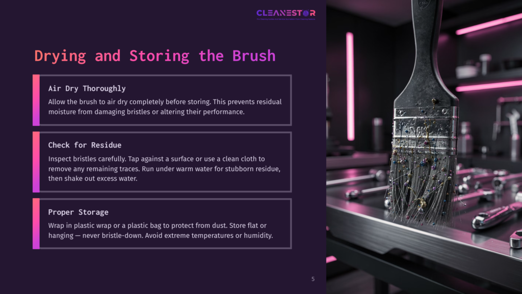 5 Drying And Storing The Brush A Wooden Brush With Synthetic Bristles Sits Against A Dark Background, Surrounded By Pink-Lit Workspace, With Steps For Cleaning And Storing.