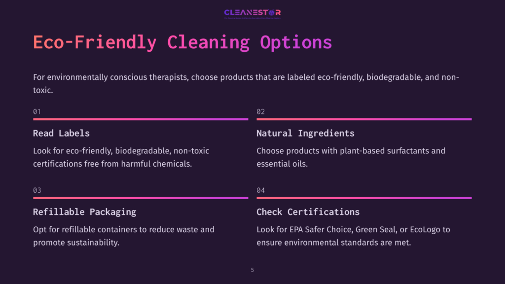 Dark Background With White And Purple Text Outlining Eco-Friendly Cleaning Options. Lists Four Key Points With Bold Headings And Concise Descriptions.
