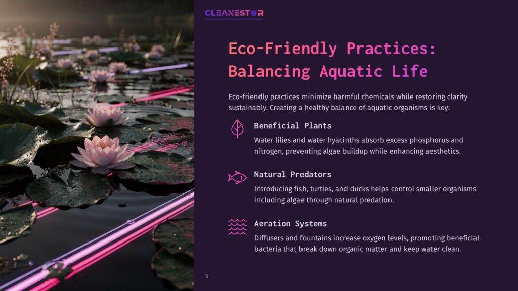 Pink Water Lilies Float Serenely On A Dark Pond, Illuminated By Soft Sunlight And Vibrant Pink Led Lights, With The Cleanestor Logo Visible.