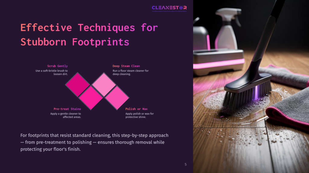 A Cleaning Brush And Spray Bottle On A Hardwood Floor With Water Droplets, Alongside Text And A Pink-Themed Graphic Highlighting Cleaning Techniques.