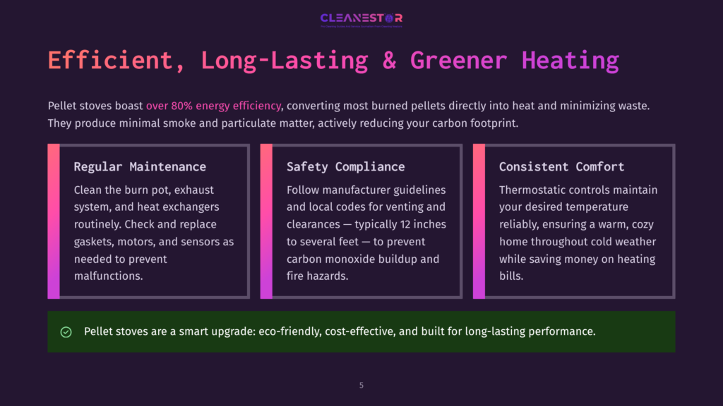 Cleanestor Logo Above A Dark Background With Three Purple Boxes Highlighting &Quot;Efficient, Long-Lasting &Amp; Greener Heating&Quot; And Details On Regular Maintenance, Safety Compliance, And Consistent Comfort For Pellet Stoves.