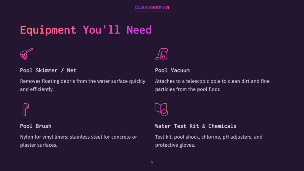 5 Equipment Youll Need Illustration Of Pool Cleaning Equipment: A Skimmer Net, Vacuum, And Test Kit With Chemicals On A Dark Purple Background.