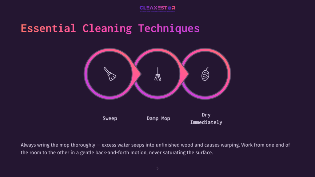 5 Essential Cleaning Techniques Essential Cleaning Techniques: Sweep, Damp Mop, Dry Immediately. Icons Show A Broom, Mop, And A Wavy Line Representing Dryness. Text Explains Proper Mopping Technique.