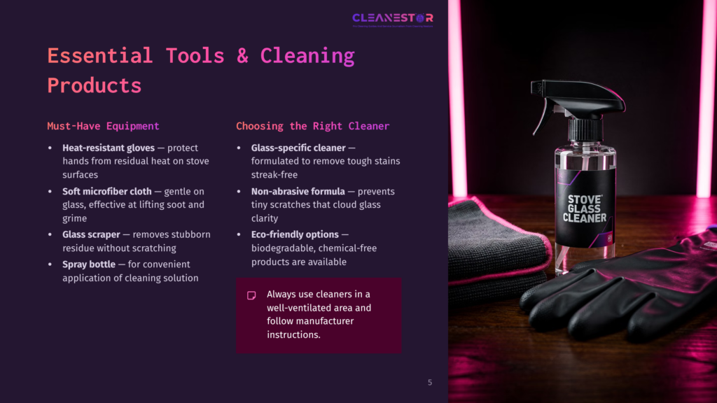 A Bottle Of Stove'S Glass Cleaner Sits On A Dark Wooden Surface Next To Black Cleaning Gloves And A Gray Microfiber Cloth, With A Pink Neon Light Illuminating The Scene.