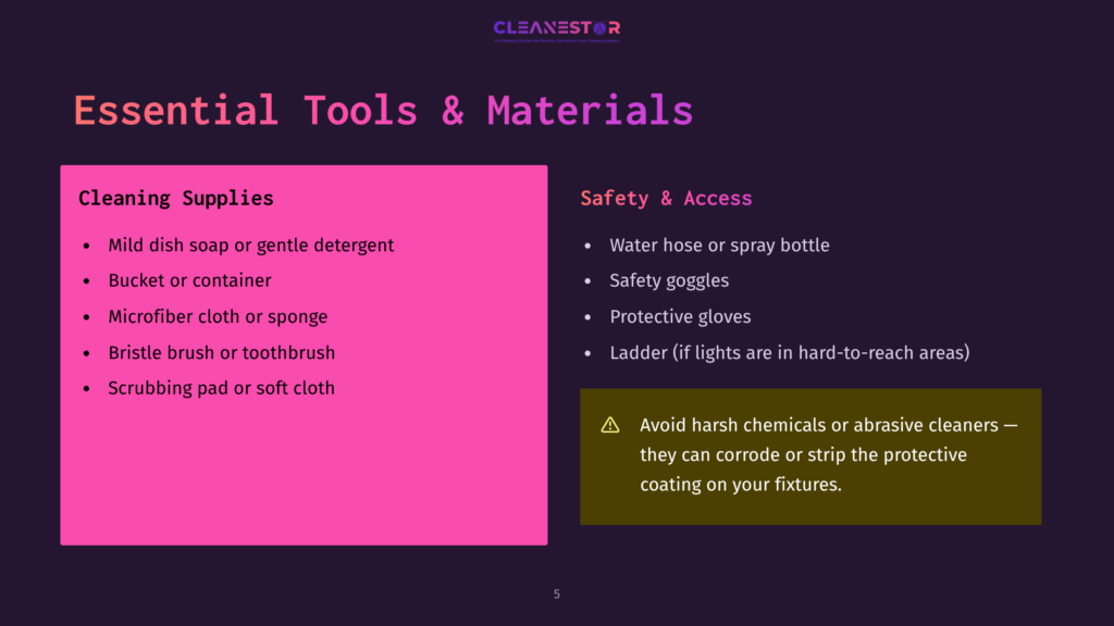 Presentation Slide Titled &Quot;Essential Tools &Amp; Materials&Quot; With Sections For &Quot;Cleaning Supplies&Quot; And &Quot;Safety &Amp; Access,&Quot; Listing Items Like Mild Dish Soap, Microfiber Cloth, Water Hose, And Protective Gloves.