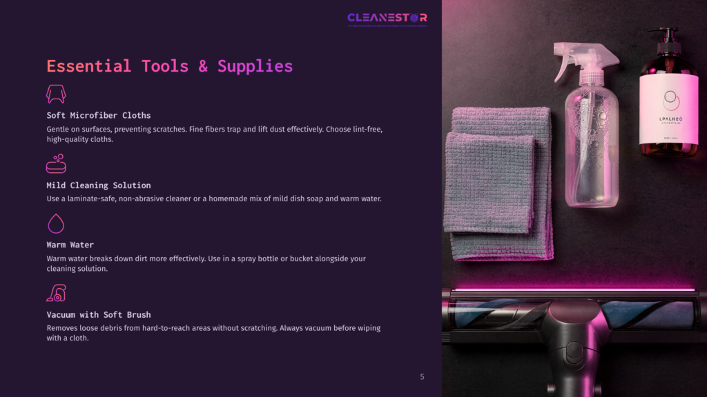Top Section Of A Cleaning Guide Showing Essential Tools: Microfiber Cloths, Cleaning Solution, Warm Water, And A Vacuum. The Bottom Features A Close-Up Of A Vacuum Cleaner With A Pink Light Accent.