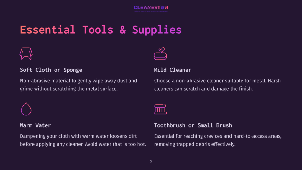 Soft Cloth, Mild Cleaner, Warm Water, And A Toothbrush Are Listed On A Dark Background, With Pink Headings And Instructions For Cleaning Metal Door Handles.