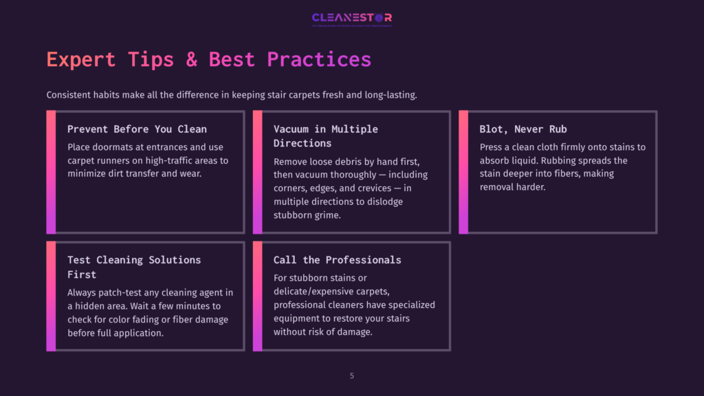 Infographic With Text: &Quot;Expert Tips &Amp; Best Practices&Quot; For Cleaning Stair Carpets, Including Preventing Dirt, Vacuuming, Blotting, Testing Solutions, And Calling Professionals.