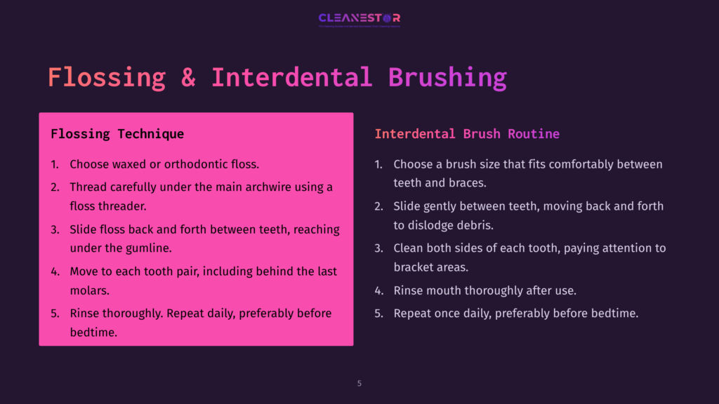 A Dark Purple Slide Titled &Quot;Flossing &Amp; Interdental Brushing&Quot; With Two Columns Of Text: &Quot;Flossing Technique&Quot; And &Quot;Interdental Brush Routine&Quot;. The Cleanestor Logo Is At The Top.