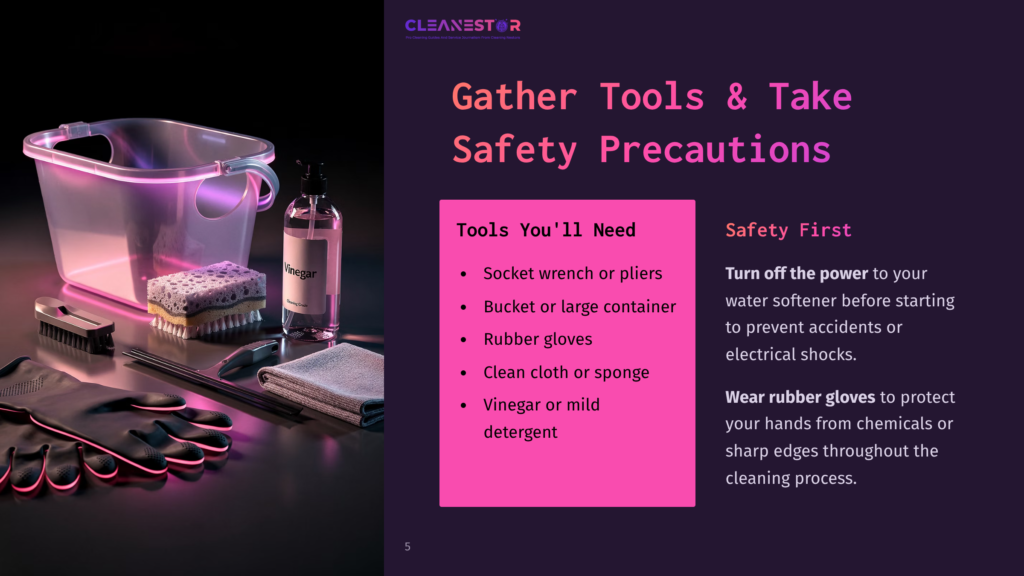 A Collection Of Cleaning Supplies, Including A Clear Plastic Bucket, Gloves, Sponges, A Spray Bottle Of Vinegar, And A Microfiber Cloth, Are Arranged On A Dark Surface. Text On The Image Reads &Quot;Cleanestor&Quot; And &Quot;Gather Tools &Amp; Take Safety Precautions.