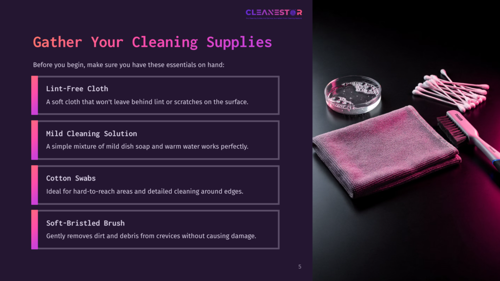 A Dark Background Displays A Lint-Free Cloth, Mild Cleaning Solution, Cotton Swabs, And A Soft-Bristled Brush Alongside A Petri Dish Of Water.