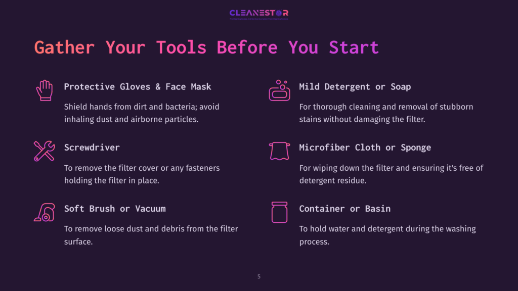 5 Gather Your Tools Before You Start Dark Purple Graphic Listing Tools Needed For Cleaning: Protective Gloves &Amp; Face Mask, Screwdriver, Soft Brush Or Vacuum, Mild Detergent Or Soap, Microfiber Cloth Or Sponge, Container Or Basin. Text Reads &Quot;Gather Your Tools Before You Start&Quot;.