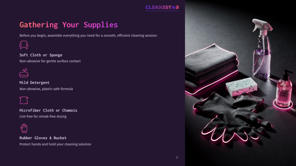 5 Gathering Your Supplies 1 A Collection Of Cleaning Supplies Includes A Soft Cloth, Microfiber Chamois, Gloves, A Bottle Of Mild Detergent, And A Bucket.