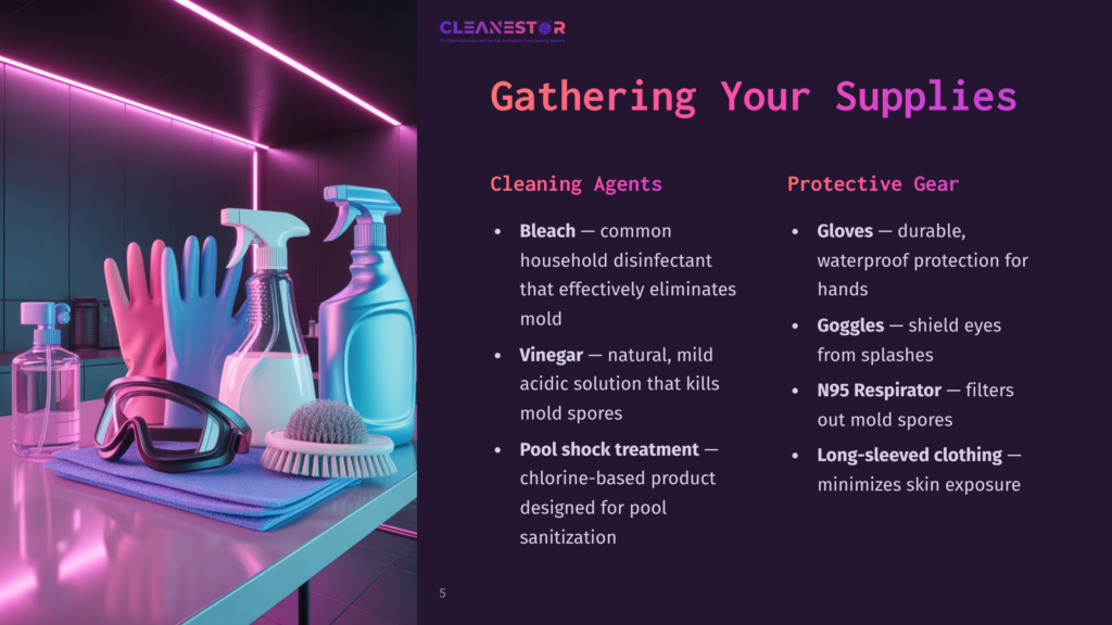 Colorful Display Of Cleaning Supplies, Including Bleach And Vinegar Bottles, Protective Gear Like Gloves And Goggles, Against A Neon-Lit Background.