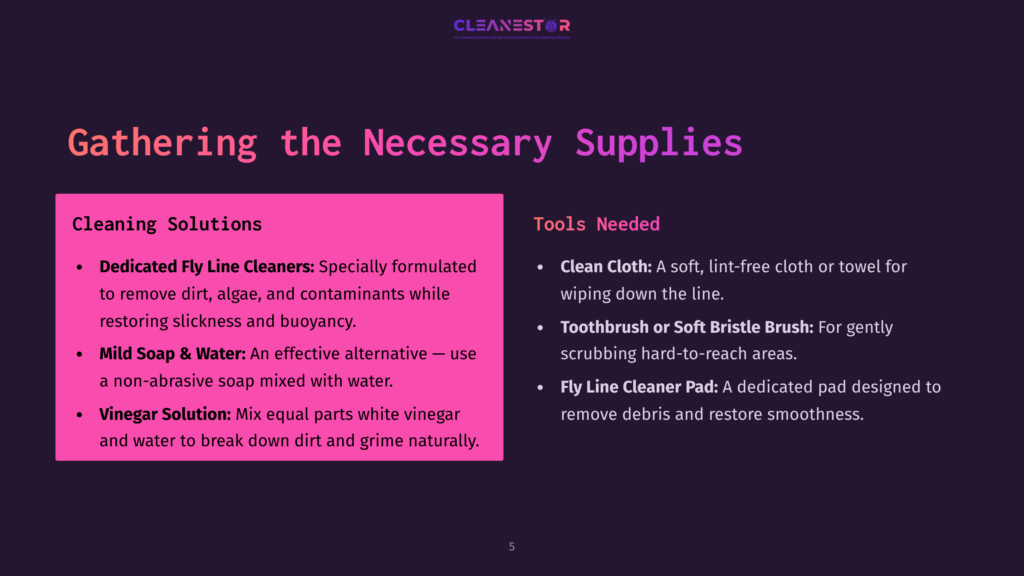 Visual Layout With A Pink Header Listing Cleaning Solutions And Tools Needed, Including A Clean Cloth, Brush, And Fly Line Cleaner Pad.