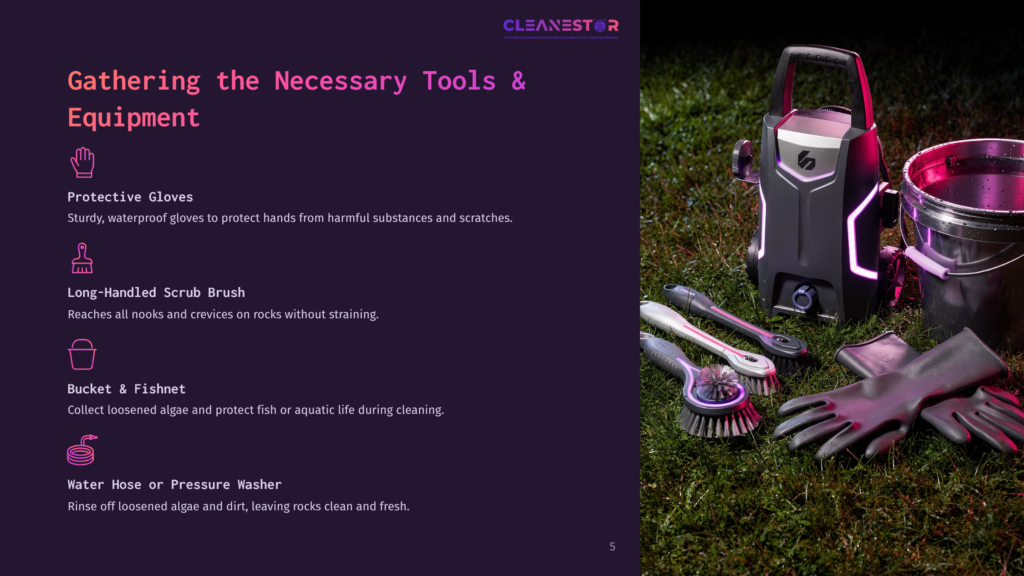A Collection Of Cleaning Tools For Pond Maintenance, Including A Scrub Brush, Gloves, A Bucket, And A Pressure Washer, On Grassy Ground.