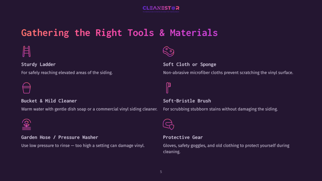 Visual Checklist Of Cleaning Tools For Vinyl Siding, Featuring Icons And Descriptions For A Pressure Washer, Brush, Soap, And Protective Gear.