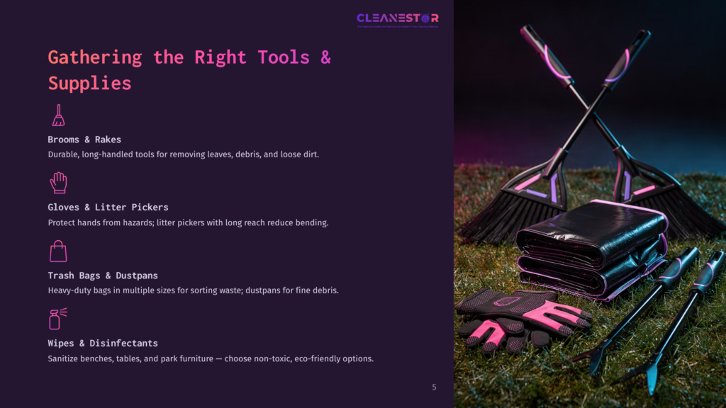 A Collection Of Cleaning Tools Including Brooms, Rakes, Gloves, Litter Pickers, Trash Bags, And Disinfecting Wipes On A Dark Background.