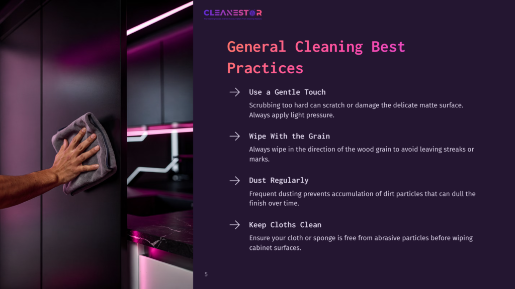 5 General Cleaning Best Practices A Person'S Hand In A Grey Microfiber Cloth Gently Wipes A Dark Cabinet Surface, Illustrating General Cleaning Best Practices From Cleanestor, Including &Quot;Use A Gentle Touch.
