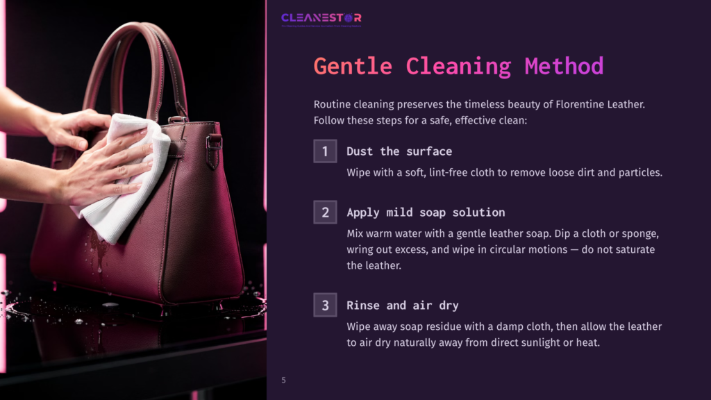 Close-Up Of Hands Gently Cleaning A Rich, Burgundy Florentine Leather Handbag With A White Cloth, Illustrating The &Quot;Gentle Cleaning Method&Quot; Steps From Cleanestor.