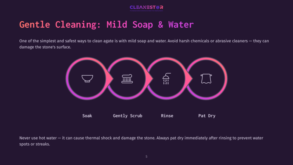 Illustration With Four Steps: A Bowl, Scrubber, Water Rinse, And Cloth, All On A Dark Background With Pink Accents For Cleaning Agate.