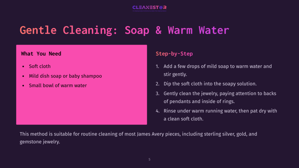 A Pink Box Lists Items Needed For Cleaning Jewelry, Including A Soft Cloth, Mild Soap, And Warm Water, Alongside Step-By-Step Instructions.