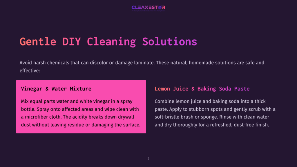 Gentle Diy Cleaning Solutions For Laminate Floors: Vinegar &Amp; Water Mixture And Lemon Juice &Amp; Baking Soda Paste Recipes Are Presented On A Purple Background With A White Text Overlay.