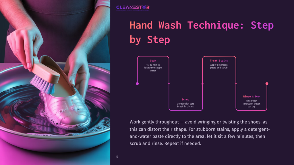 A Person Holds A Pink Rothy'S Shoe In One Hand While Scrubbing It With A Brush In The Other, Surrounded By A Teal Background.