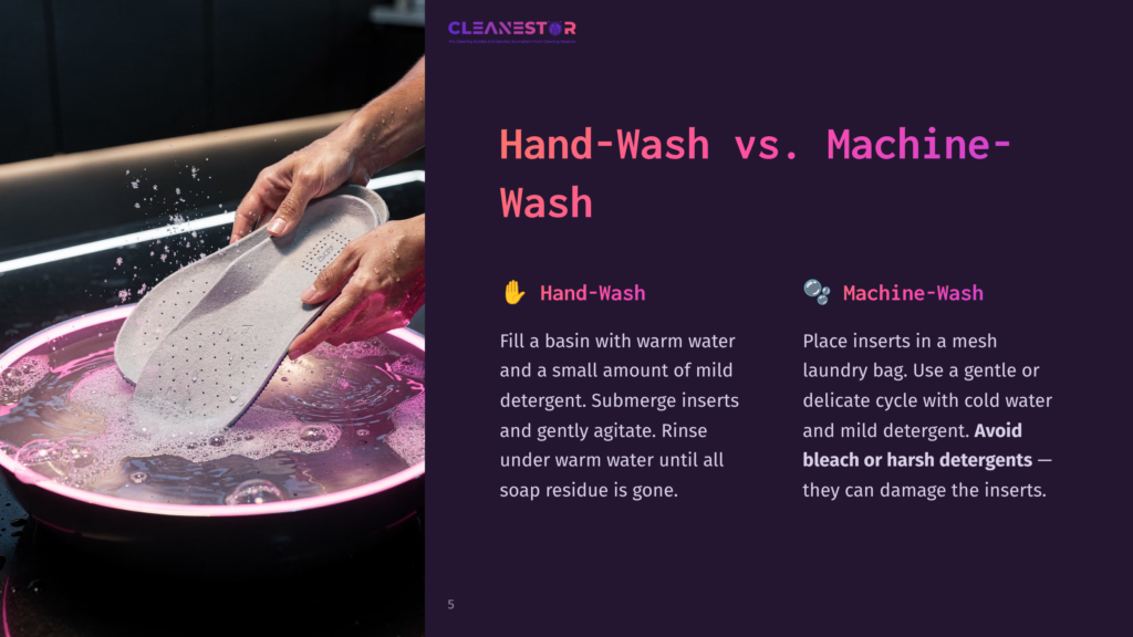 Hands Submerging A Grey Shoe Insert In A Basin Of Water With Bubbles, Alongside Text Comparing Hand-Washing And Machine-Washing Methods.