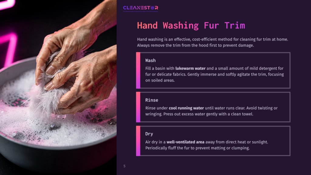 A Person Washing A Fur Trim In Lukewarm Water With Suds, Surrounded By A Pink Background, Featuring Cleaning Instructions.