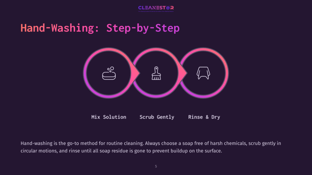 Infographic Illustrating The 3-Step Hand-Washing Process: Mix Solution, Scrub Gently, Rinse &Amp; Dry. Circular Icons Depict Soap, A Brush, And A Towel.