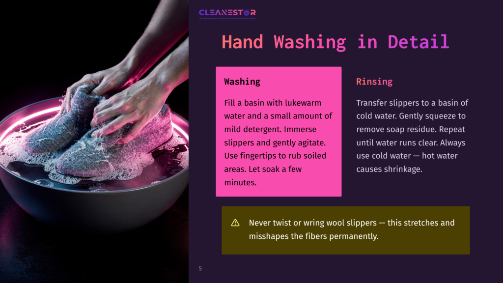 Close-Up Of Hands Washing Grey Wool Slippers In A Basin Filled With Soapy Water, With Pink Text Overlay Detailing &Quot;Hand Washing In Detail&Quot; And Instructions For Washing And Rinsing.