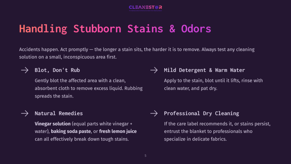 Text On A Dark Background Discusses Stain Removal Methods, Including Tips For Using Mild Detergent, Vinegar, And Professional Cleaning.