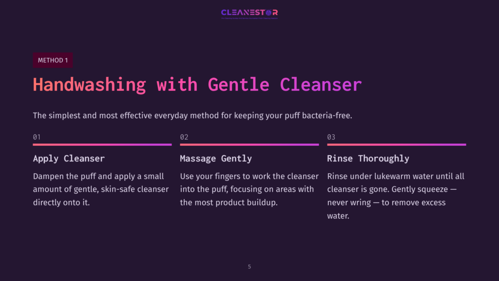 Step-By-Step Instructions For Cleaning A Makeup Puff, Featuring Bold Text In Pink On A Dark Purple Background With Numbered Points.