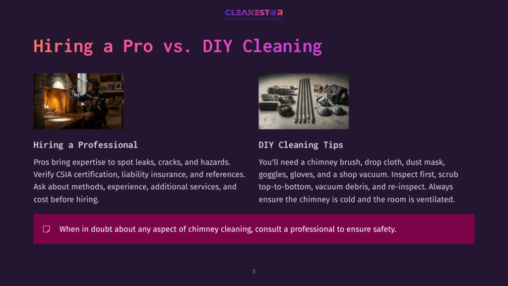A Chimney Sweep In Protective Gear Inspects A Fireplace With A Flashlight, Smoke Billowing From The Chimney. The Image Contrasts Diy Cleaning With Professional Chimney Services.
