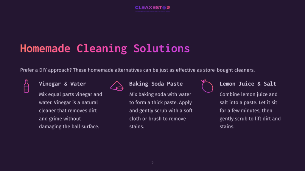 Diy Cleaning Solutions Featuring Vinegar And Water, Baking Soda Paste, And Lemon Juice, With Instructions Outlined In Purple Text.