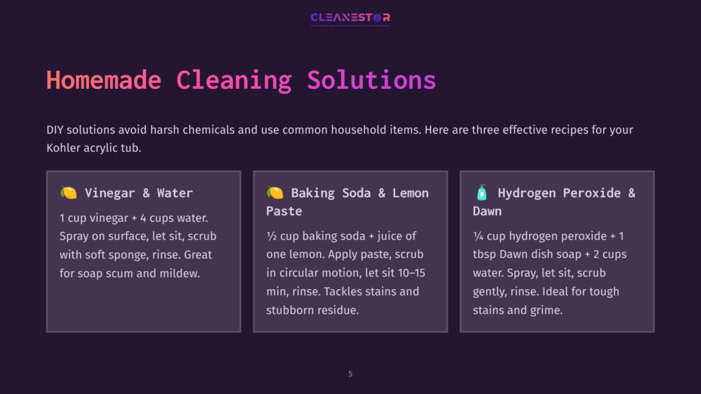 Three Cleaning Solutions Are Displayed In Boxes: 1) Vinegar &Amp; Water, 2) Baking Soda &Amp; Lemon Paste, 3) Hydrogen Peroxide &Amp; Dawn. Background Is Dark Purple.