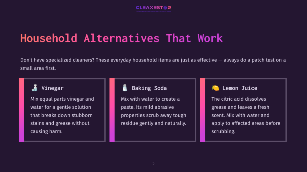 Infographic Titled &Quot;Household Alternatives That Work&Quot; Showcasing Three Cleaning Solutions: Vinegar, Baking Soda, And Lemon Juice, With Descriptions Of Their Uses.